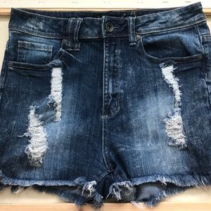 Medium Wash Destroyed High-Waisted Shorts